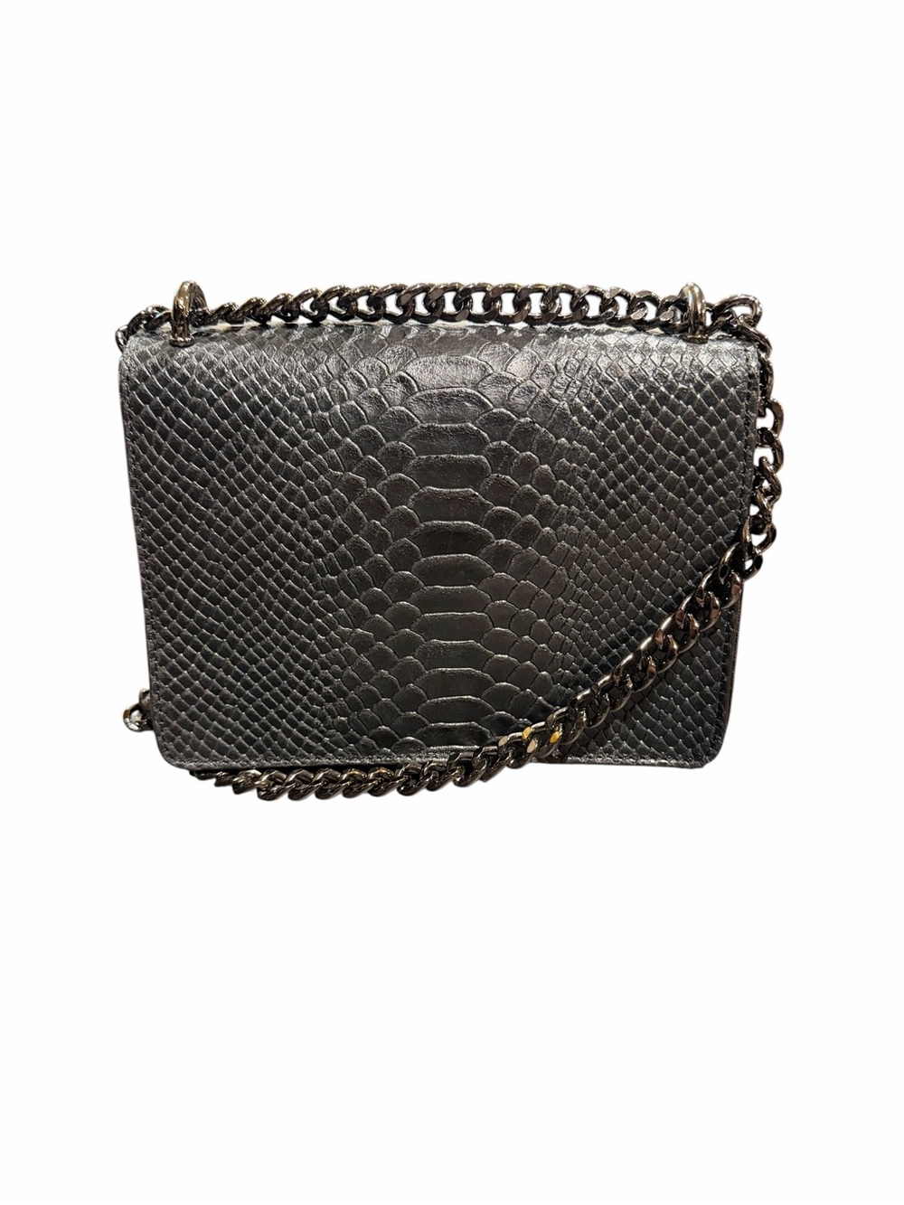 Designer-Style Black Python-Embossed Chain Shoulder Bag - Picture 2 of 3